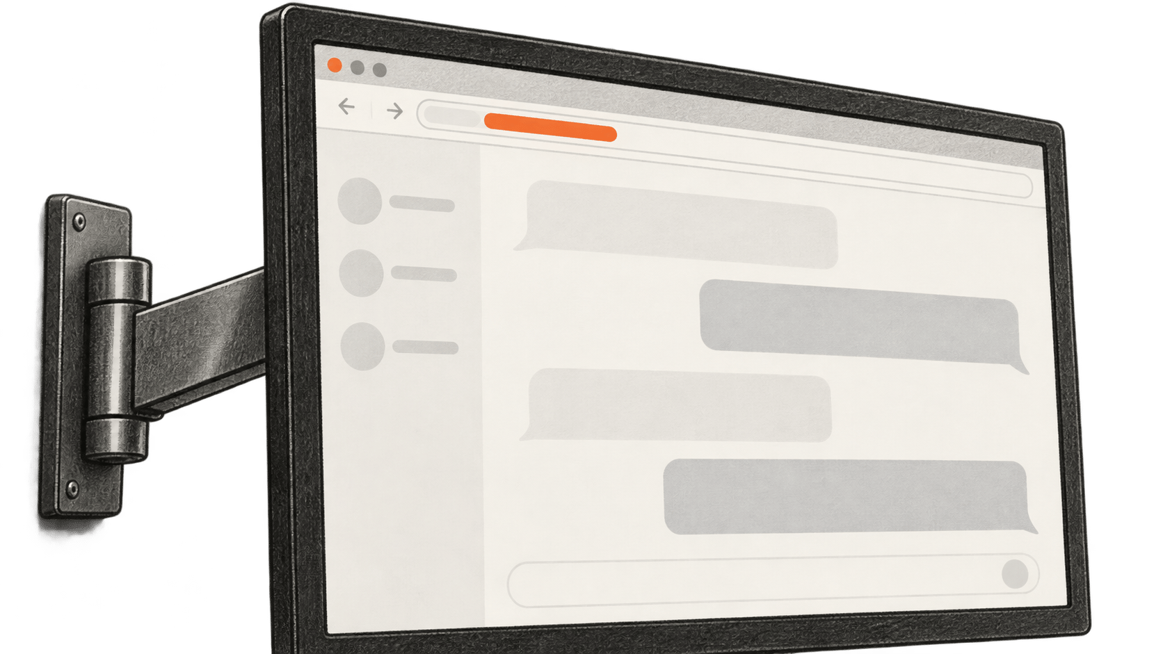 Conceptual charcoal illustration of an unbranded wall-mounted monitor showing empty chat shapes and an orange segment in a blank browser address field.