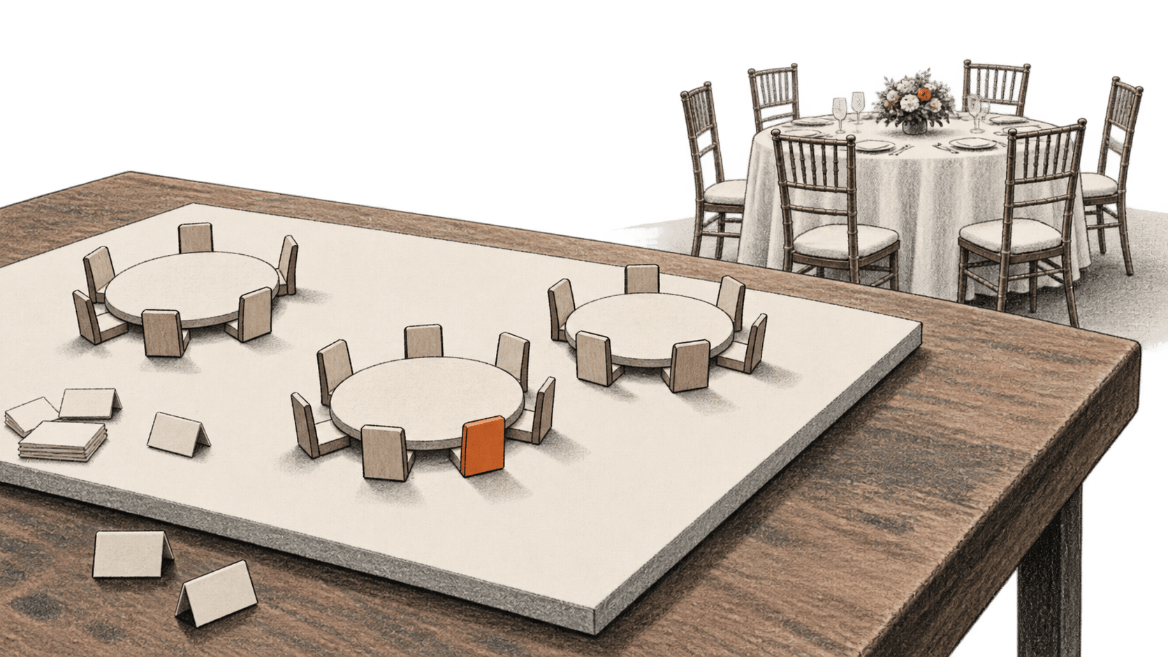 Conceptual charcoal illustration of a physical wedding seating plan with round table models and blank place cards, beside a set banquet table.