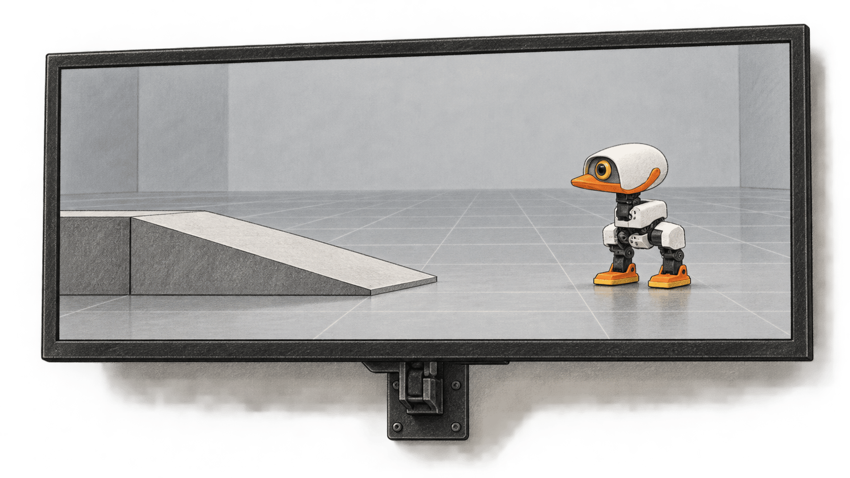Conceptual charcoal illustration of a Microduck-shaped simulated biped standing on a gridded floor facing a low ramp, shown inside a wall-mounted display.
