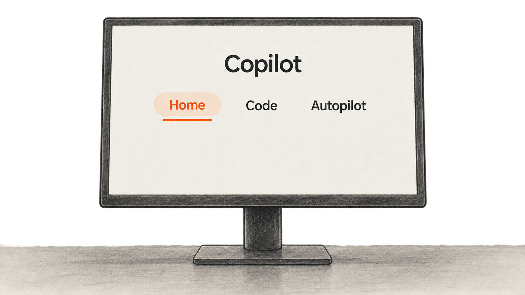 Conceptual charcoal illustration of a desktop display showing a Copilot header and the navigation names Home, Code and Autopilot.