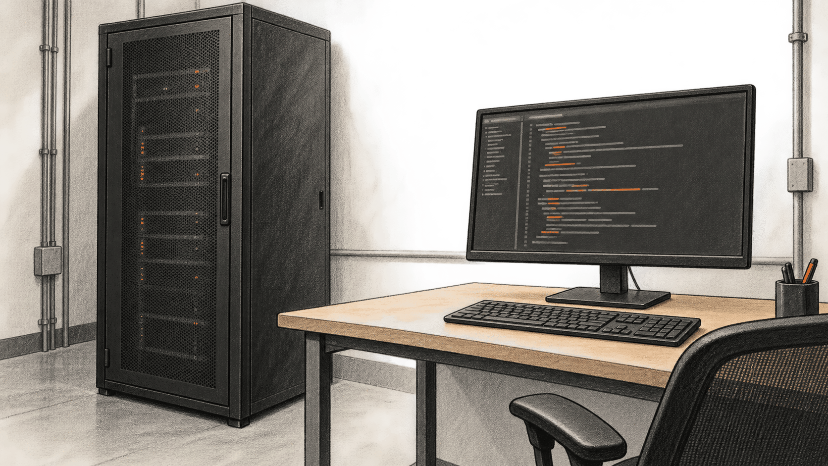 Conceptual illustration of a server cabinet beside an unoccupied workstation with code-like marks on a monitor.