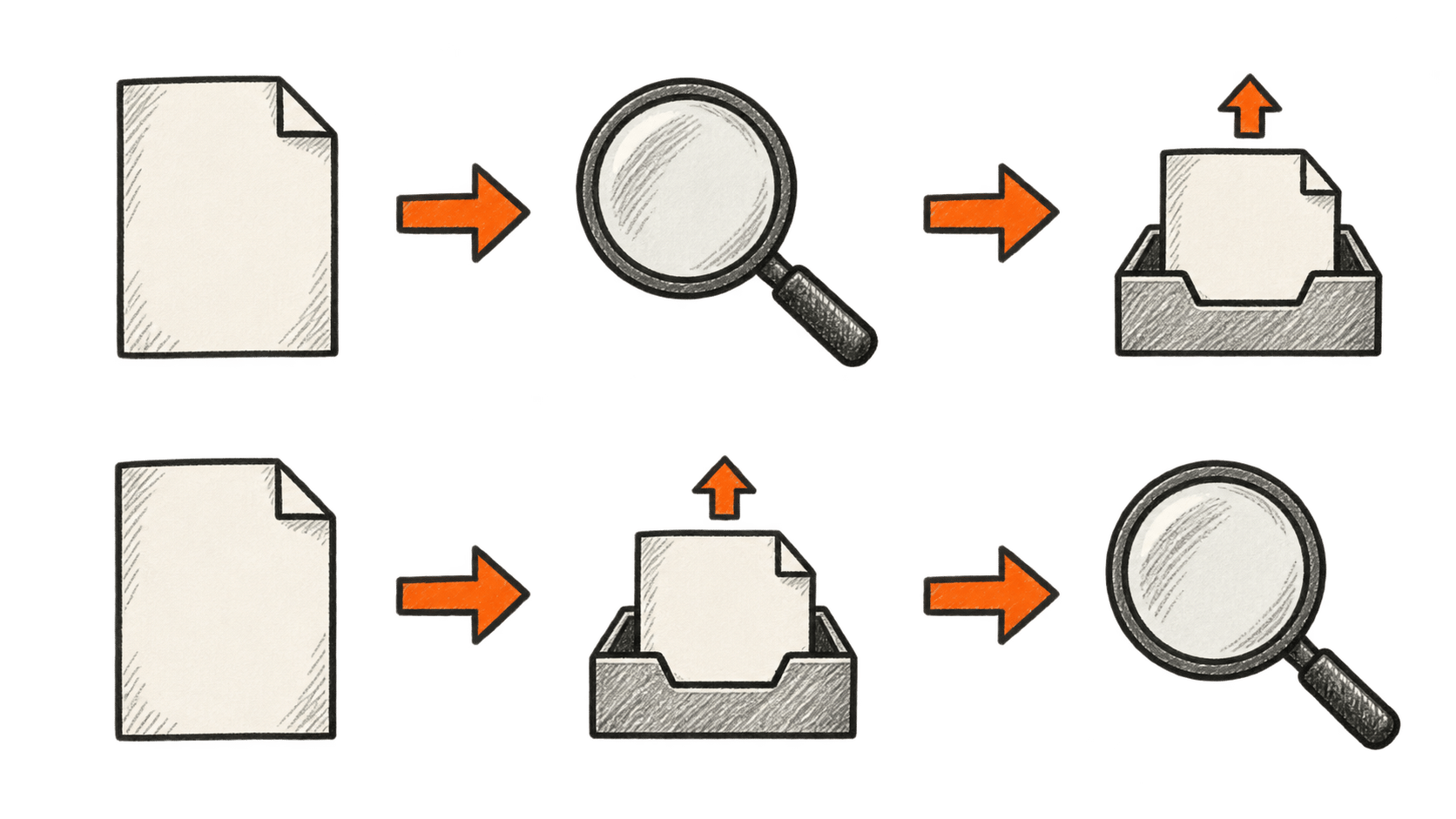 Two rows compare document, inspection, then sending with document, sending, then inspection; orange arrows connect the stages from left to right.