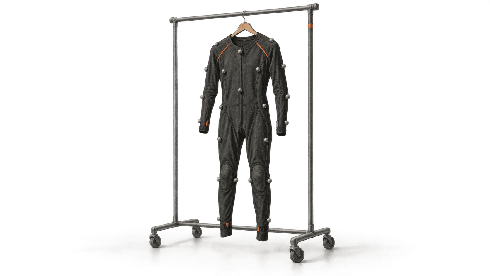 An empty dark motion-capture garment with small markers hangs from a wheeled clothing rack.