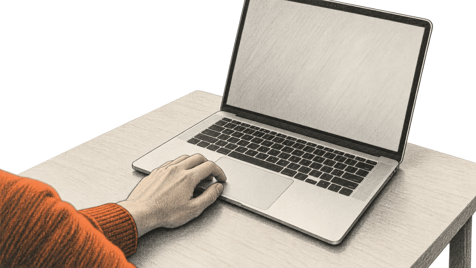 A person's hand rests near the trackpad of an open unbranded laptop with a blank screen.