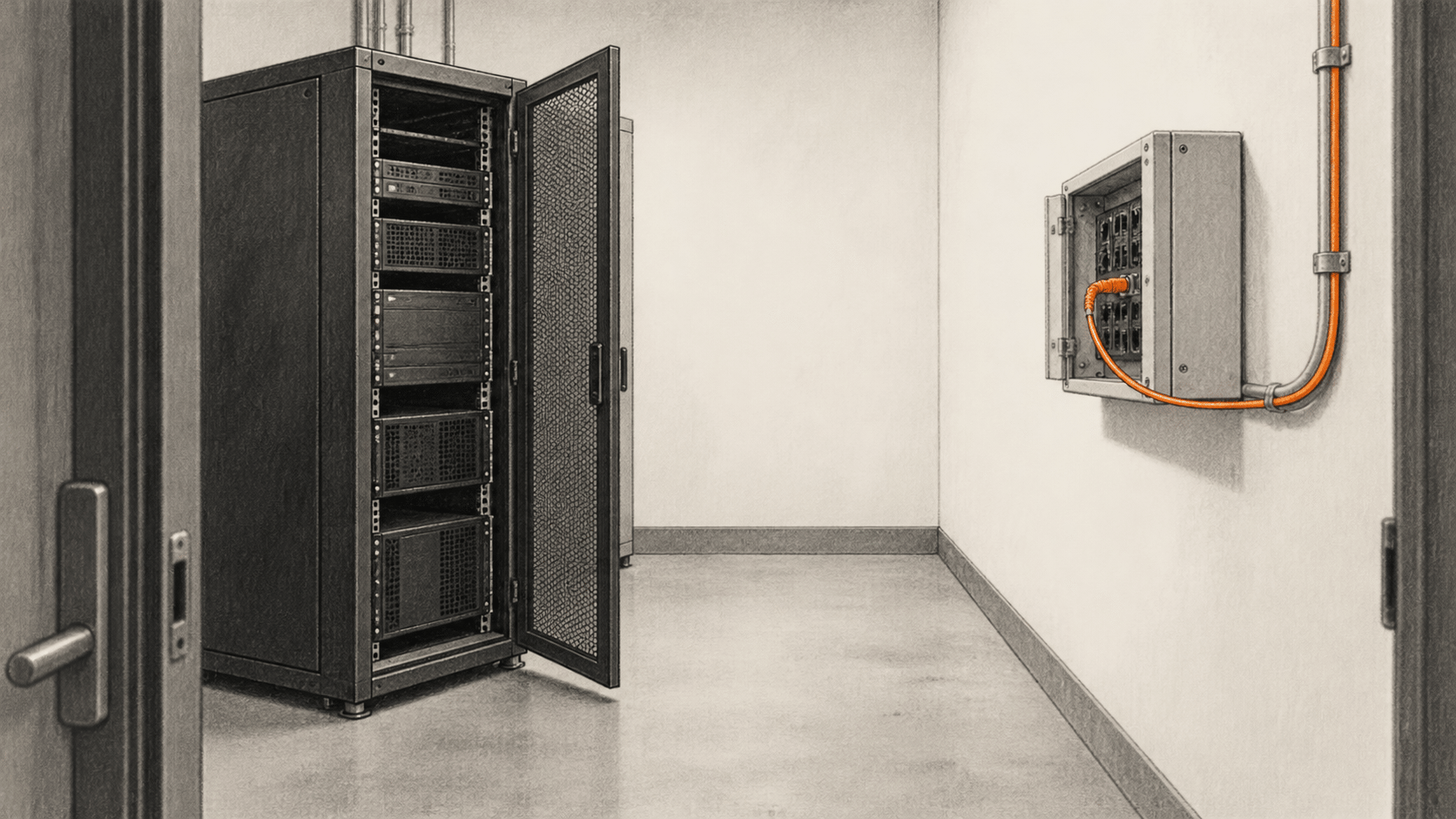 Conceptual charcoal illustration of an open server cabinet on the left and a separate wall-mounted network connection on the right.