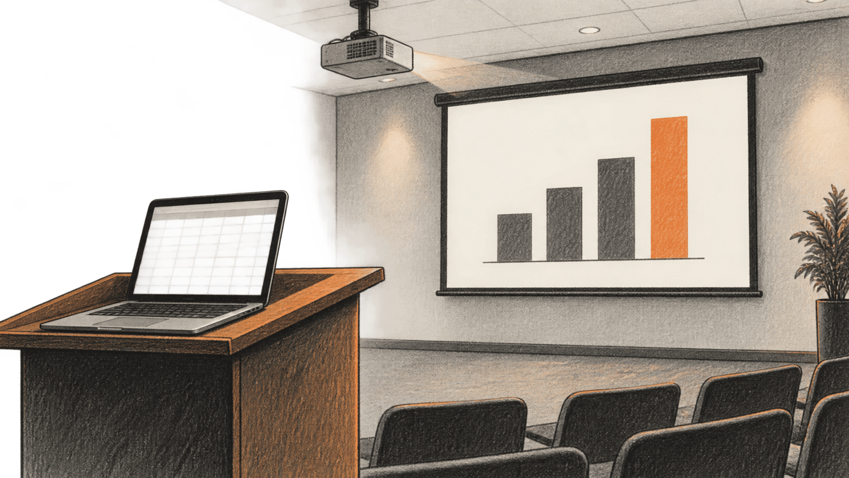 Conceptual charcoal illustration of an empty presentation room: a laptop with a blank cell grid on a lectern faces a projected unlabeled bar chart.