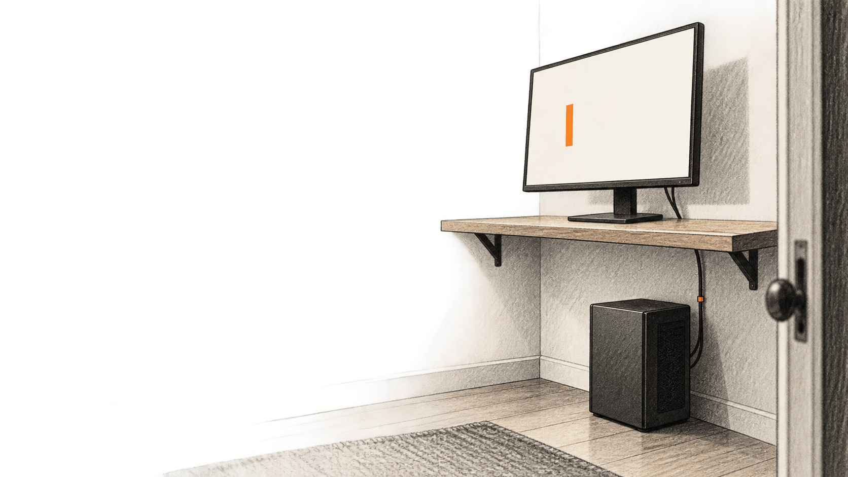 Conceptual charcoal illustration of a closed desktop computer connected to a monitor showing a single orange block cursor in an otherwise empty room.