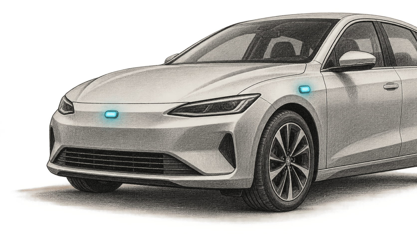 Conceptual charcoal illustration of an unbranded car front quarter with separate small cyan lamps on the front centerline and visible side.