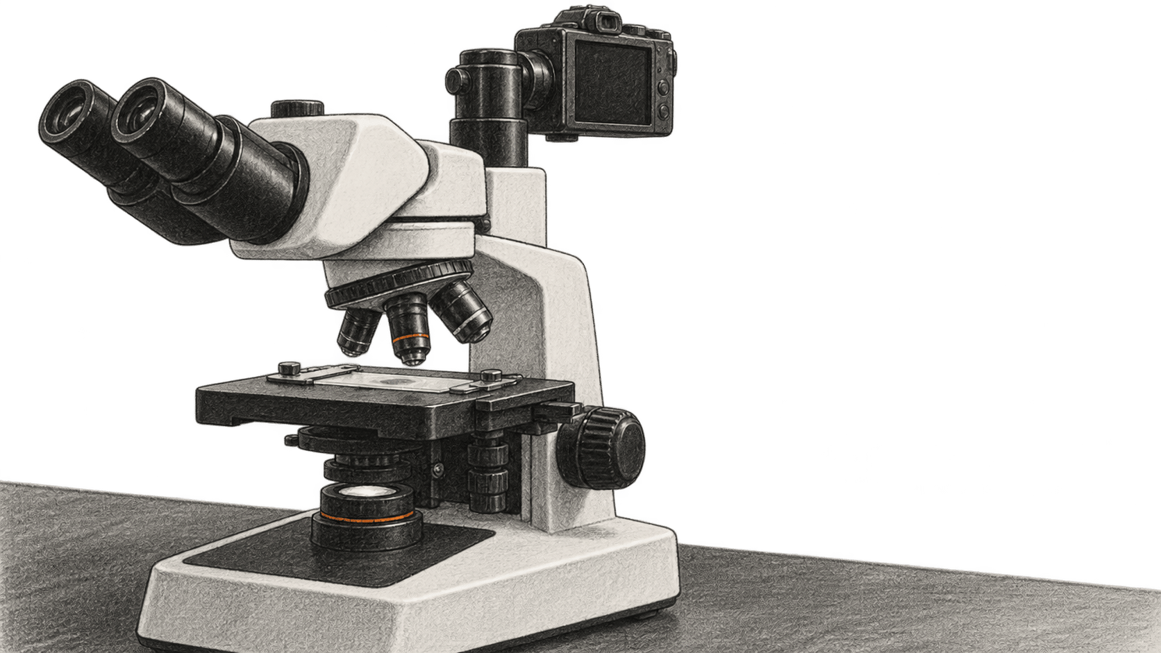 Conceptual charcoal illustration of an unbranded light microscope with a camera mounted above a clear slide.