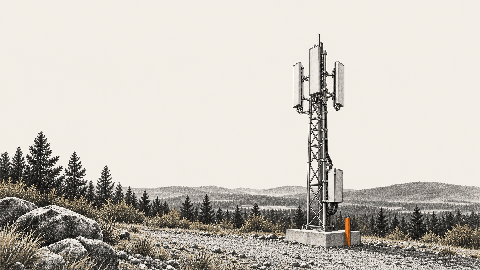 Conceptual charcoal illustration of a generic cellular mast with three antenna panels, a closed equipment enclosure and a concrete footing in an outdoor landscape.