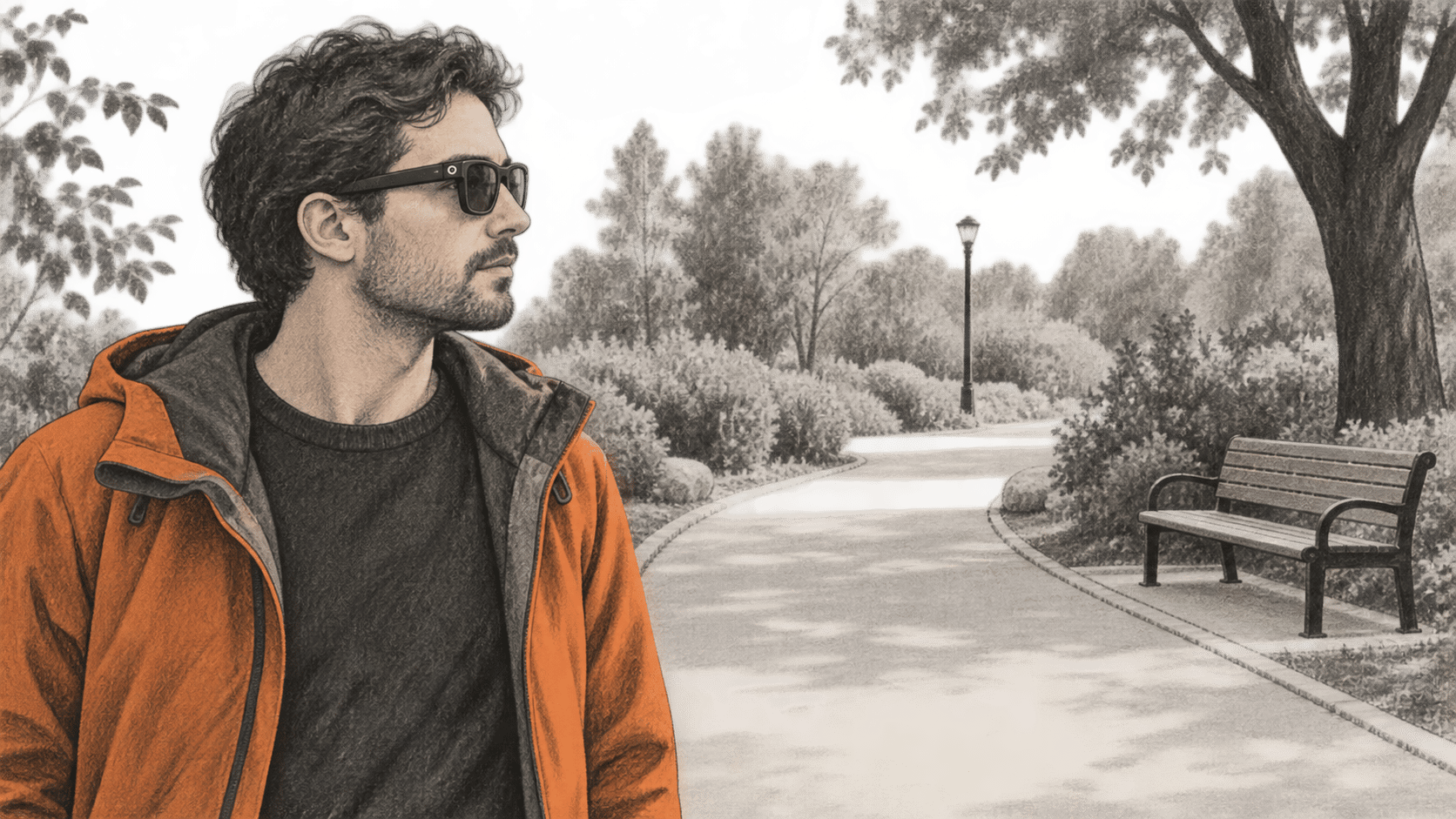 Conceptual charcoal illustration of one person wearing camera-equipped smart glasses on an empty park path beside a bench.