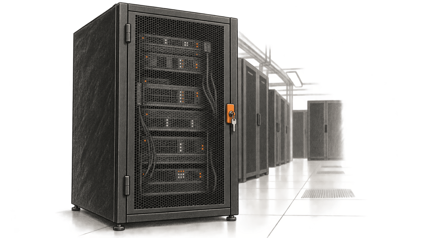 Conceptual charcoal illustration of a closed mesh-front server cabinet with an orange keyed latch in a data-center aisle.