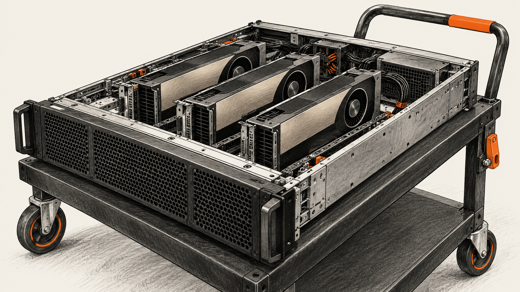Conceptual charcoal illustration of three unbranded accelerator cards mounted in an open server chassis on a service trolley.