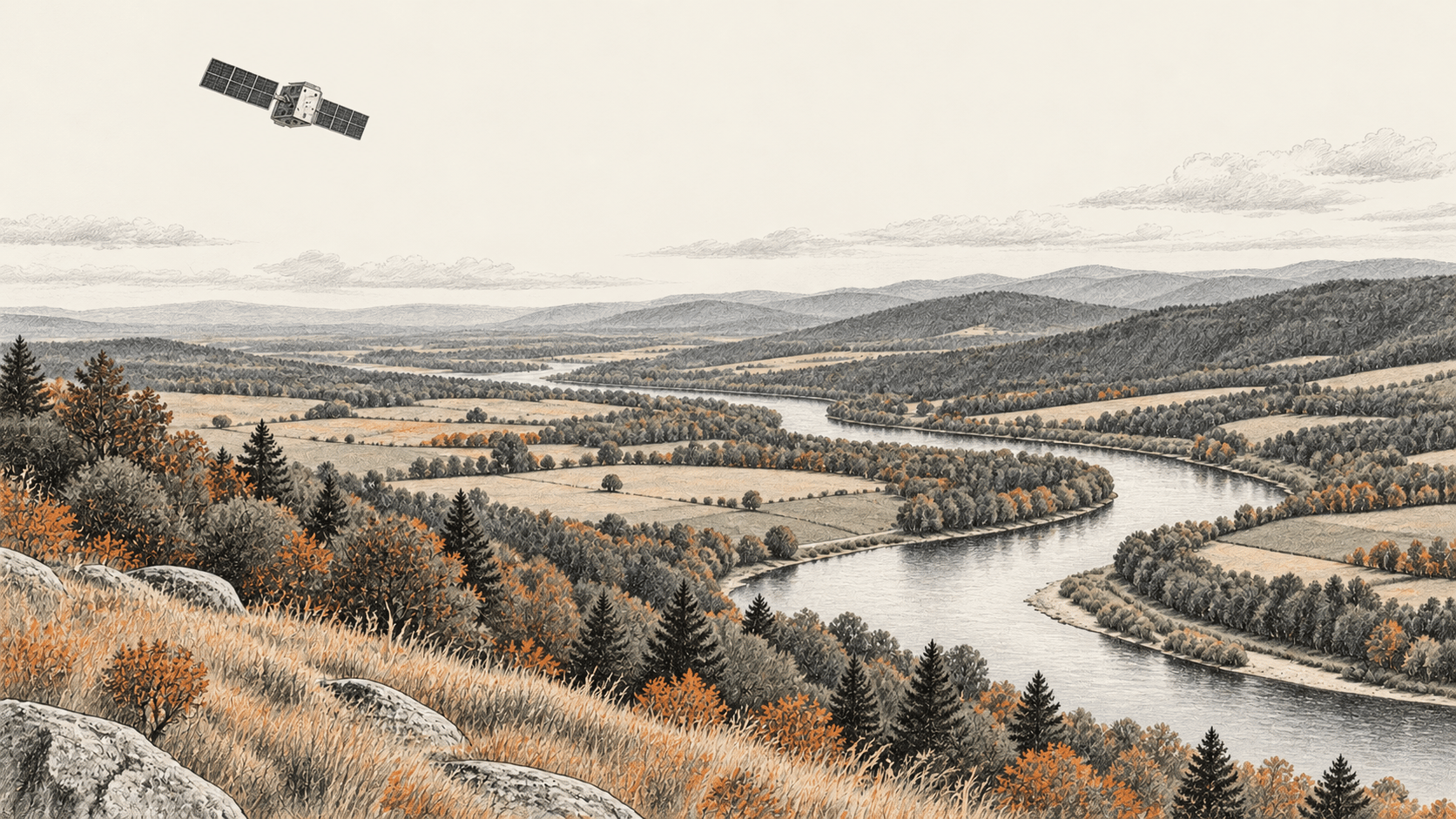 Satellite above a conceptual river valley.