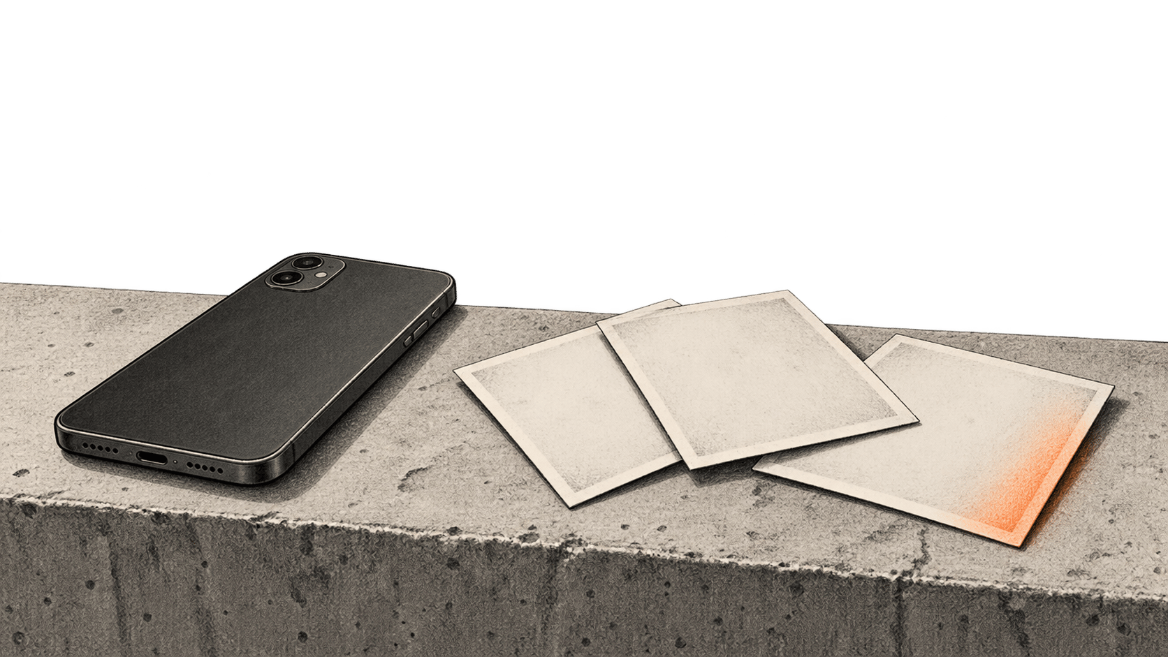 Conceptual charcoal illustration of a face-down smartphone beside three blank, face-down photographic prints on a stone ledge.