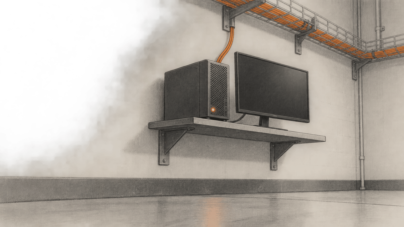 Conceptual charcoal illustration of a powered computer and blank monitor on a wall shelf, with a cable routed through an overhead tray in an empty workroom.