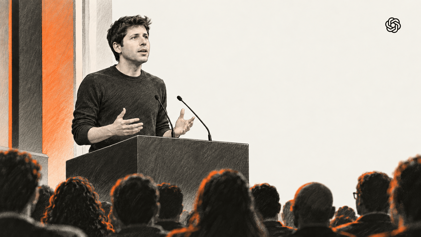 An editorial illustration of Sam Altman speaking at a lectern before an audience, with the official OpenAI symbol.