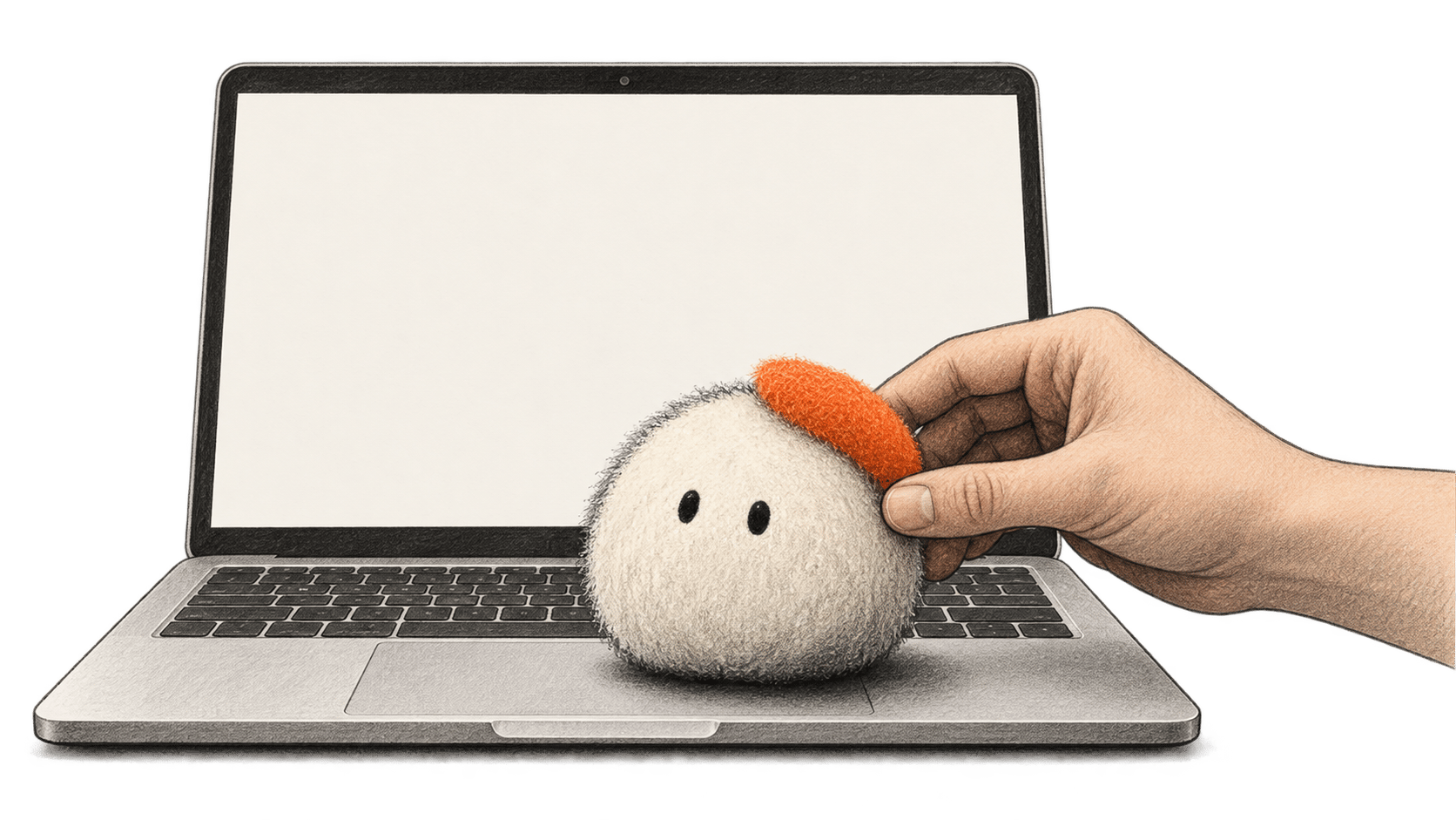 A hand places a small fuzzy, two-eyed Dot-like character on an open laptop with a blank screen, in a charcoal and ink illustration.