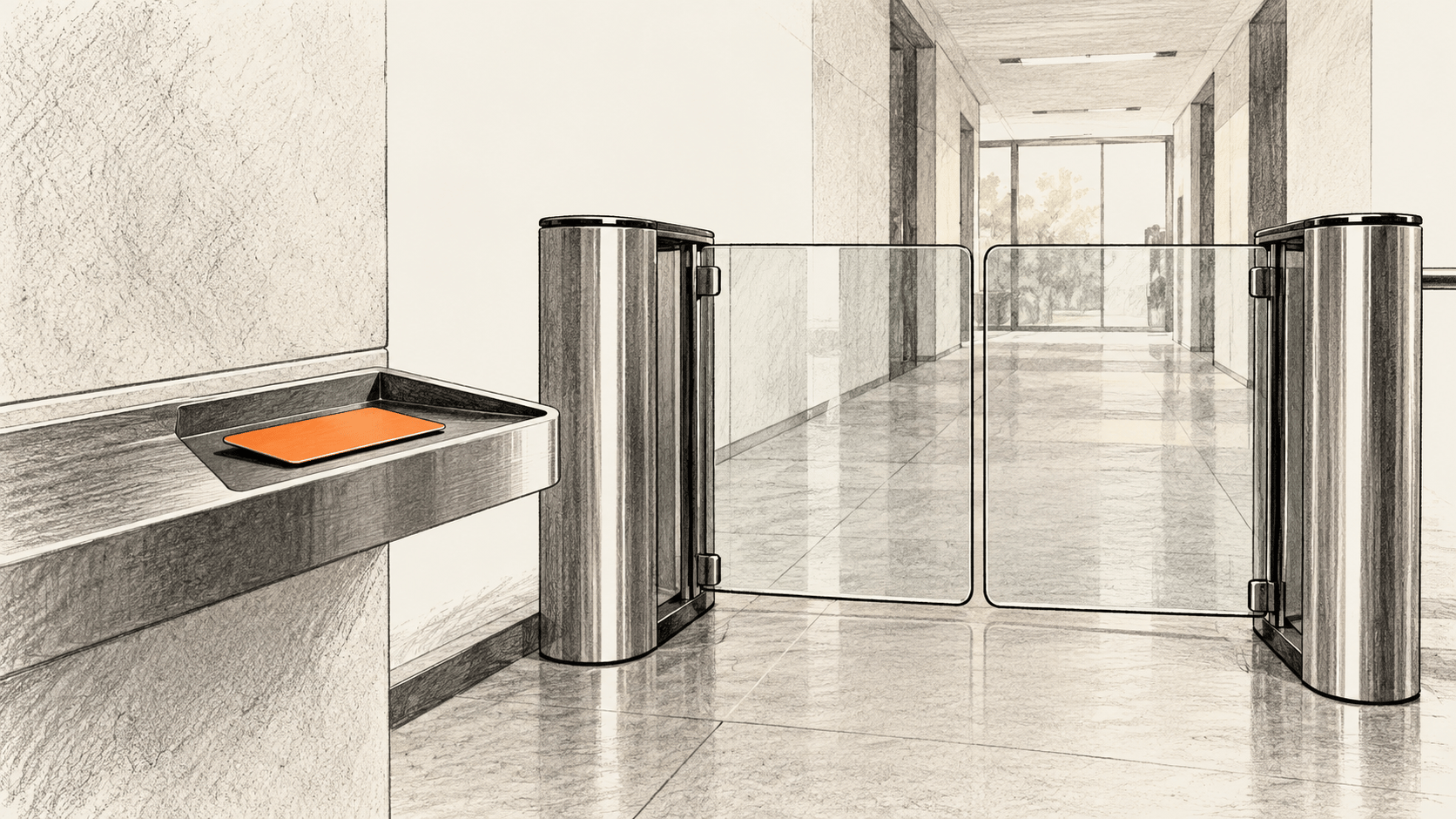 AI-generated conceptual charcoal illustration of a closed glass office turnstile, with one orange access card resting on a tray on the public side.