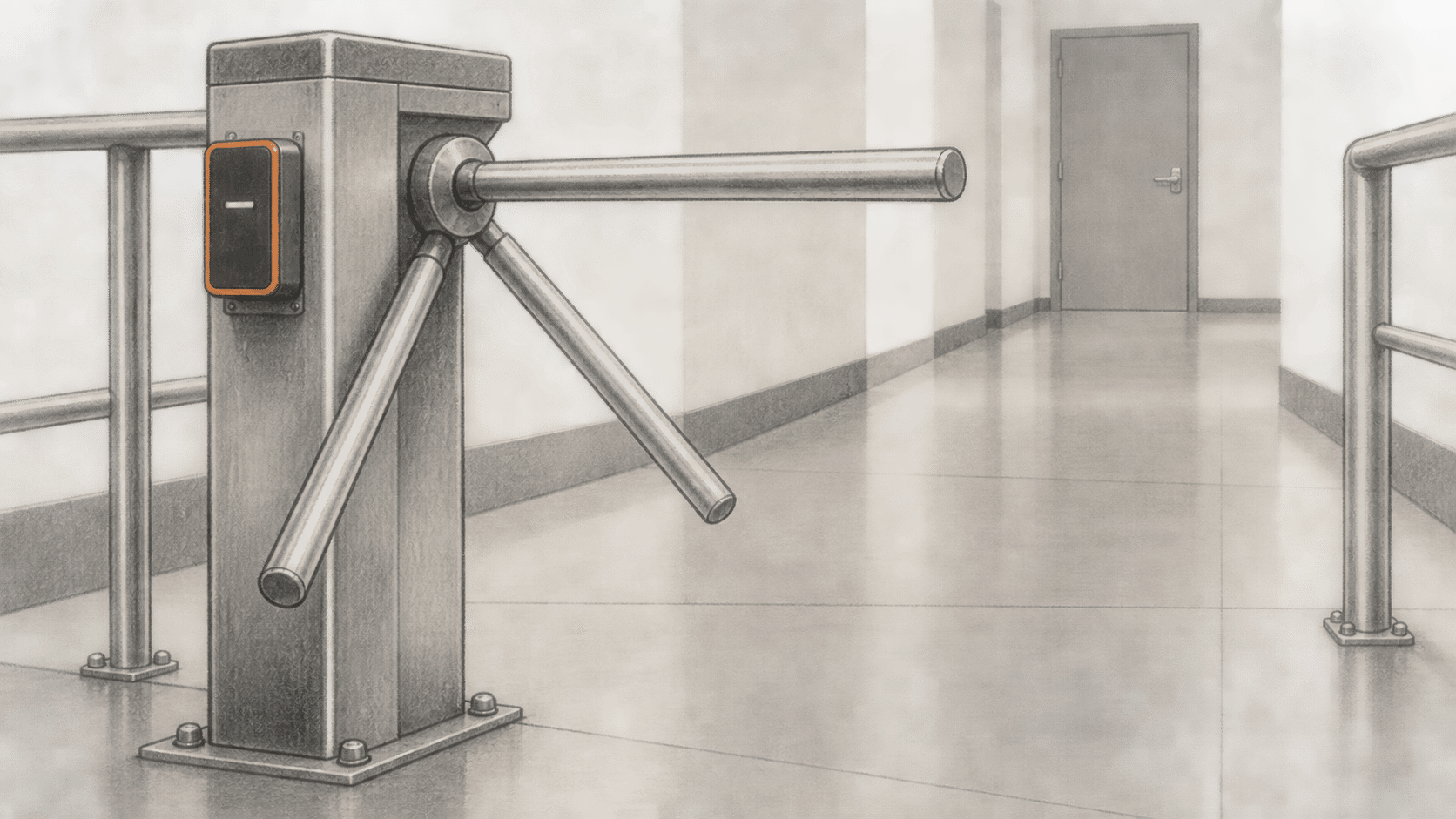 An empty corridor blocked by a metal turnstile with an attached card reader.