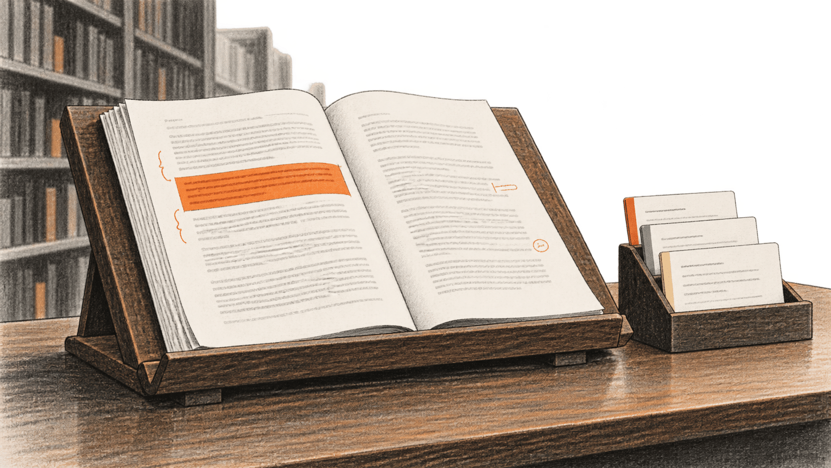 Conceptual charcoal illustration of an open manuscript with an orange revised passage on a reading stand, beside a separate box of reference cards.