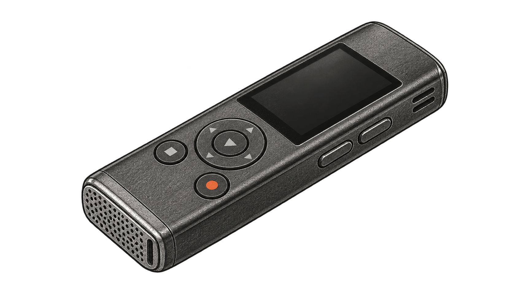 Charcoal illustration of a single unbranded digital audio recorder with a blank display and physical buttons on a transparent background.