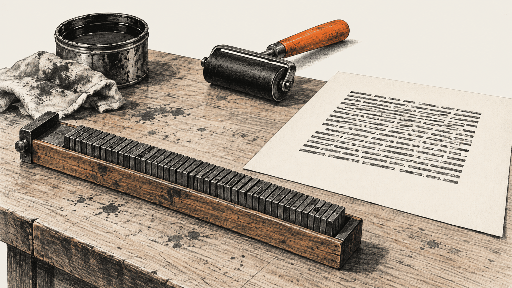 A manual composing stick holds charcoal metal type beside a printed page; a brayer rests on the table.