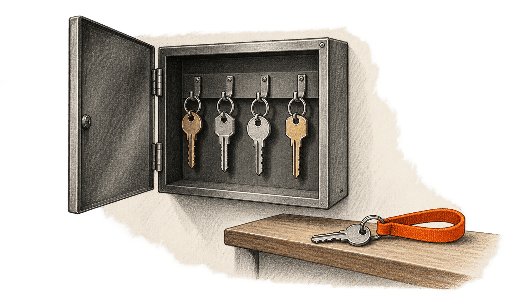 Charcoal illustration of several metal keys hanging in a wall-mounted key cabinet and one separate key on an orange loop resting on a ledge.