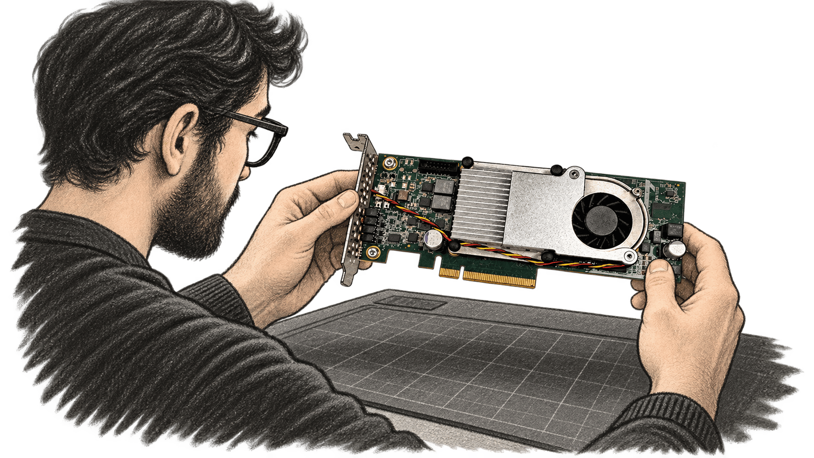 Conceptual charcoal illustration of one engineer holding and examining a PCIe FPGA accelerator card above an electronics work mat.