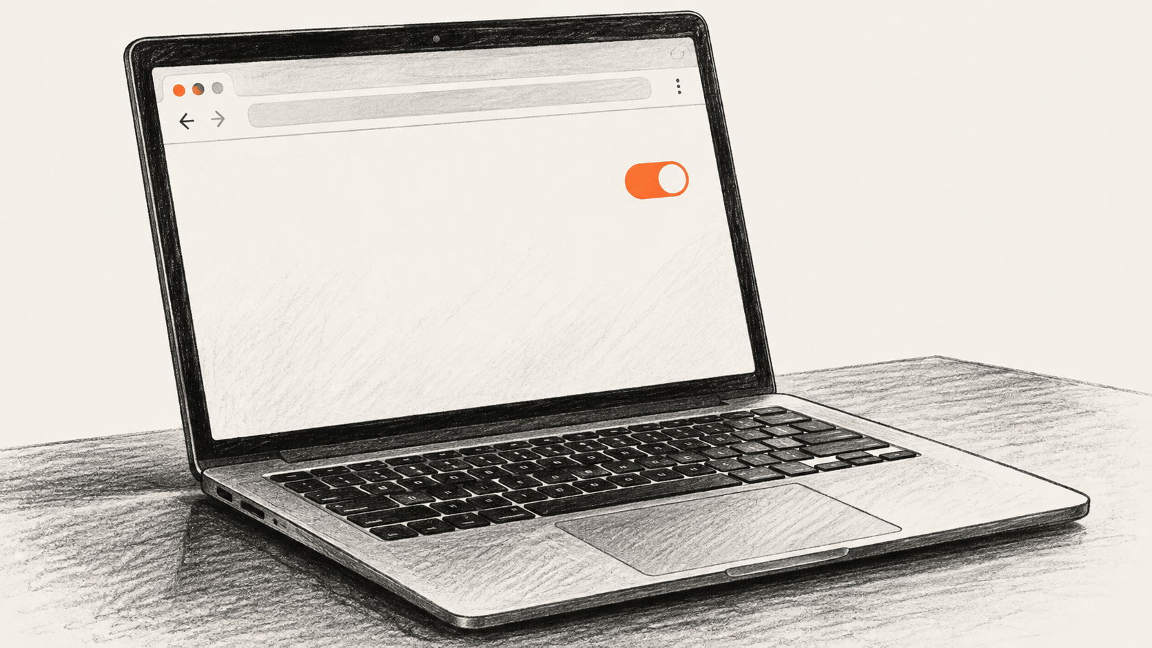 Conceptual illustration of an open laptop displaying a generic browser window and an orange toggle.