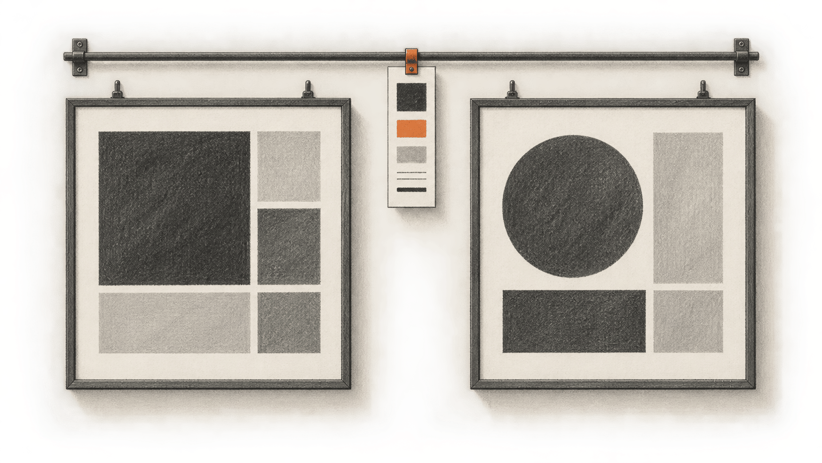 Conceptual charcoal illustration of a small visual reference clipped to a wall rail above two separate framed layout proofs.