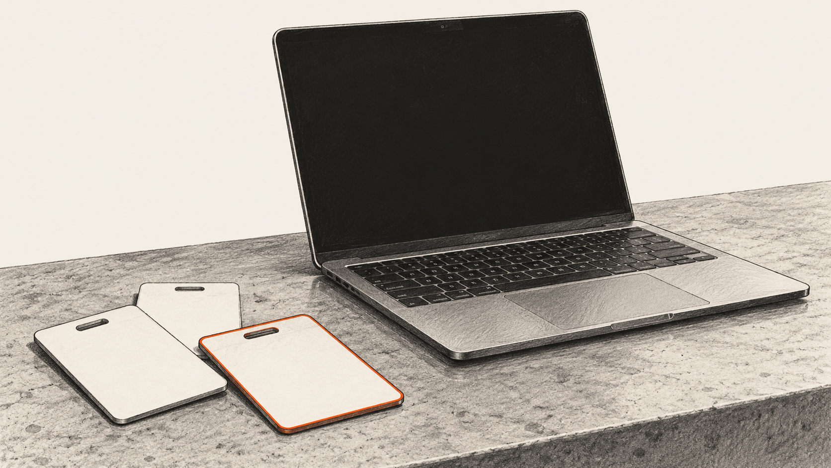 Blank staff badges beside an unbranded laptop.