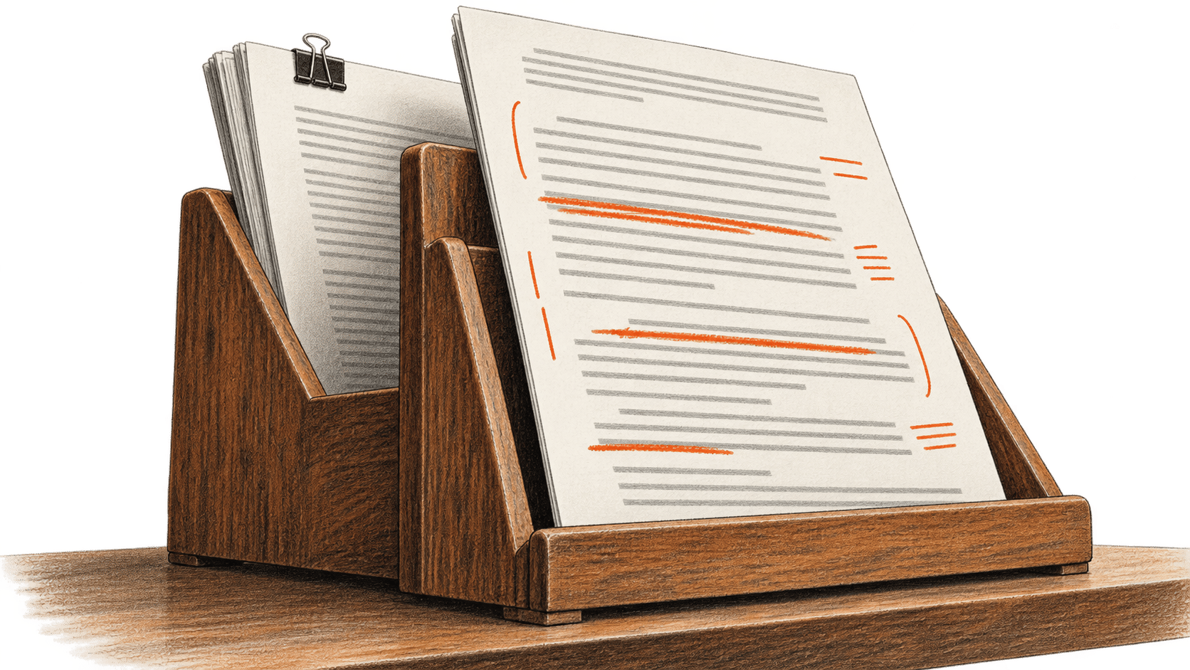 Conceptual charcoal illustration of two separate document packets in a wooden rack, one marked with orange redlines.
