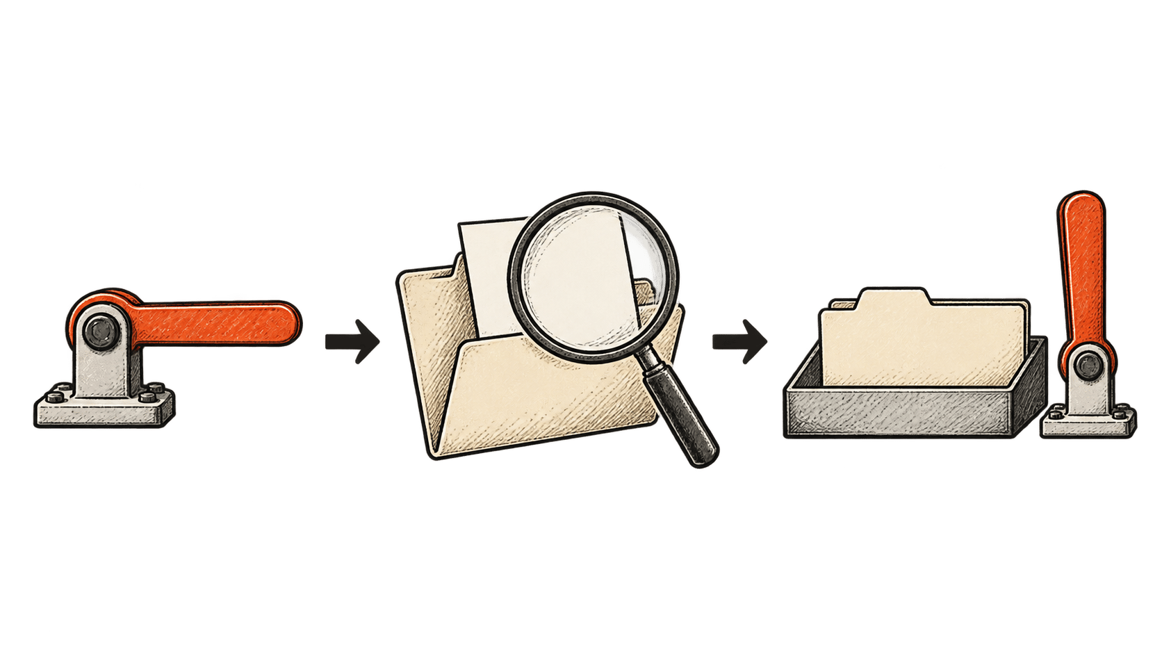 Two rightward arrows connect a lowered stop lever, a folder under a magnifying glass, and a tray of work beside a raised lever.