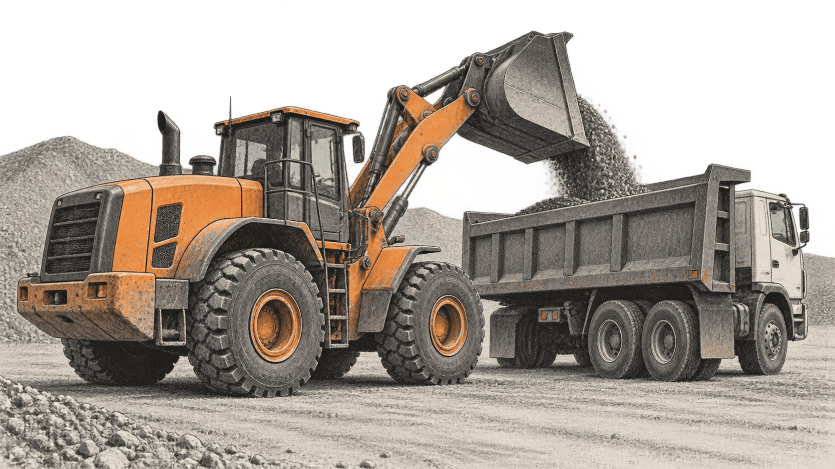 Conceptual charcoal illustration of an unbranded wheel loader tipping aggregate into a dump truck at an outdoor material yard.