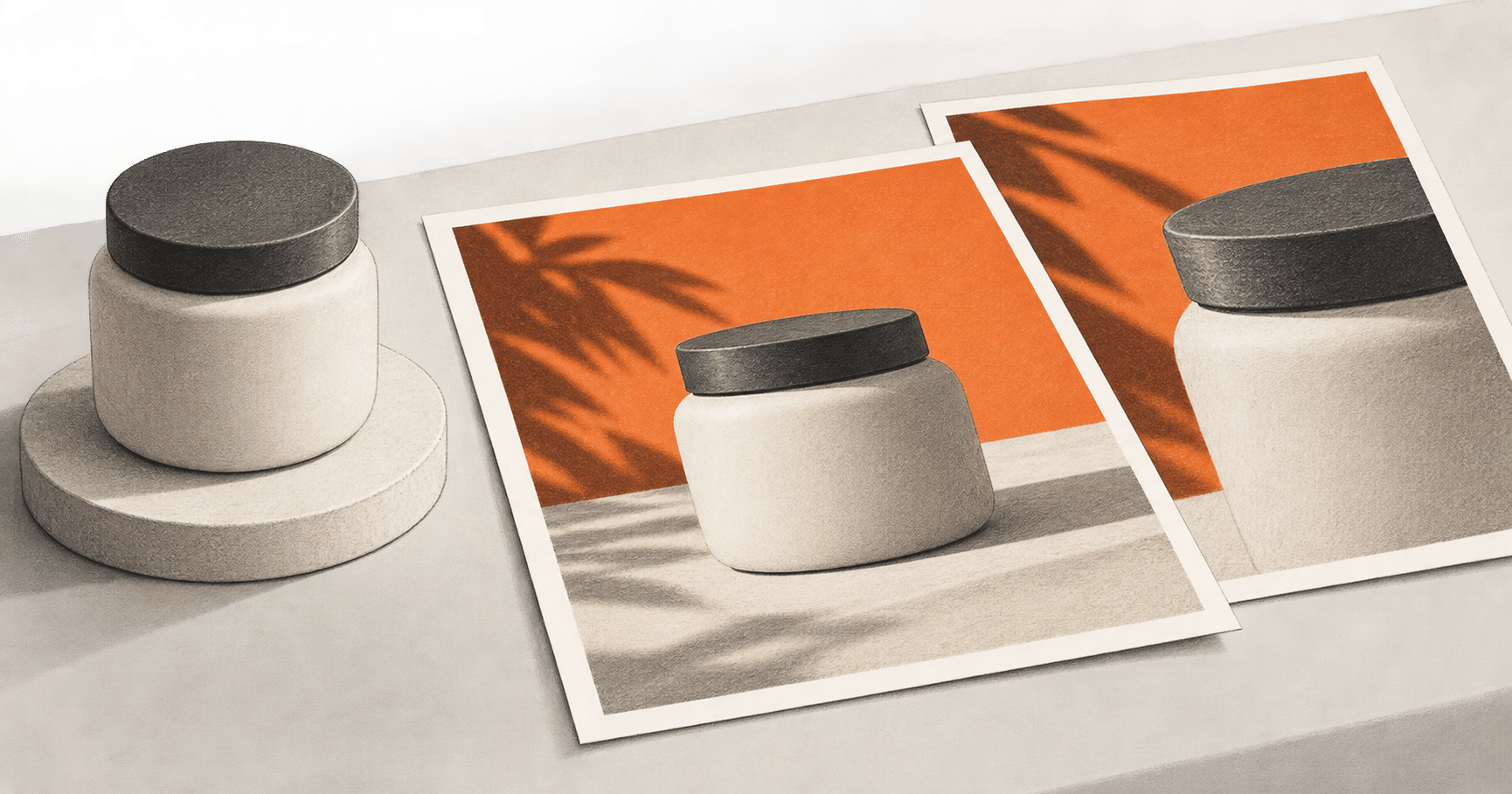 Conceptual charcoal illustration of an unbranded ceramic jar beside two printed campaign image proofs depicting the same generic jar.