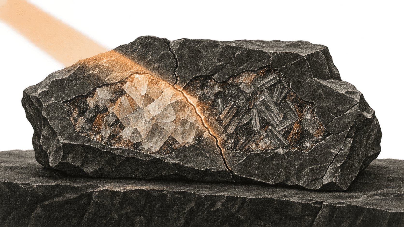 Two subtly different mineral inclusions share a fractured stone slab, with a narrow beam of light revealing their boundary.