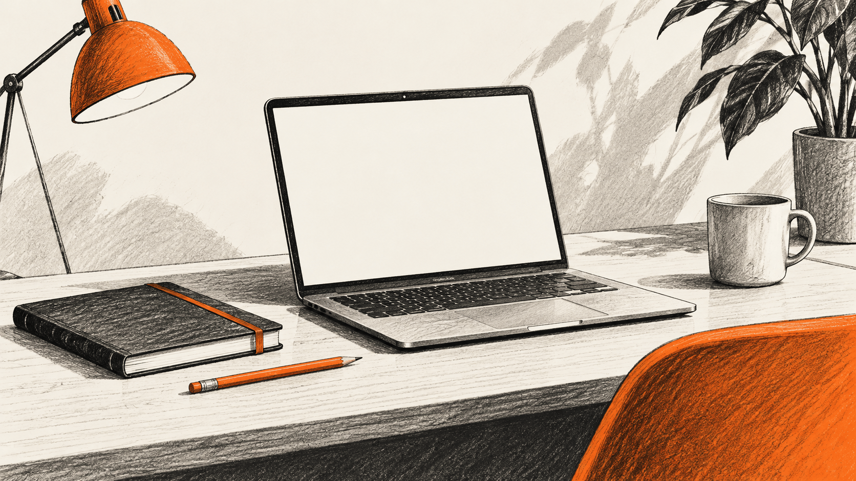 AI-generated conceptual illustration of a laptop with a blank screen on a work desk