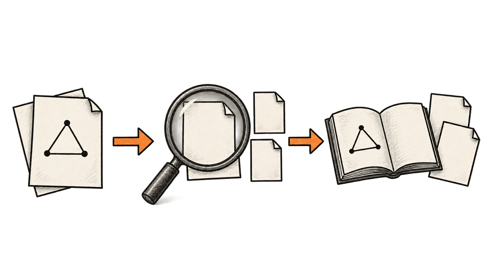 Manuscript pages lead to a magnifying glass over a statement and dependency pages, then to an explanatory book and reusable pages.