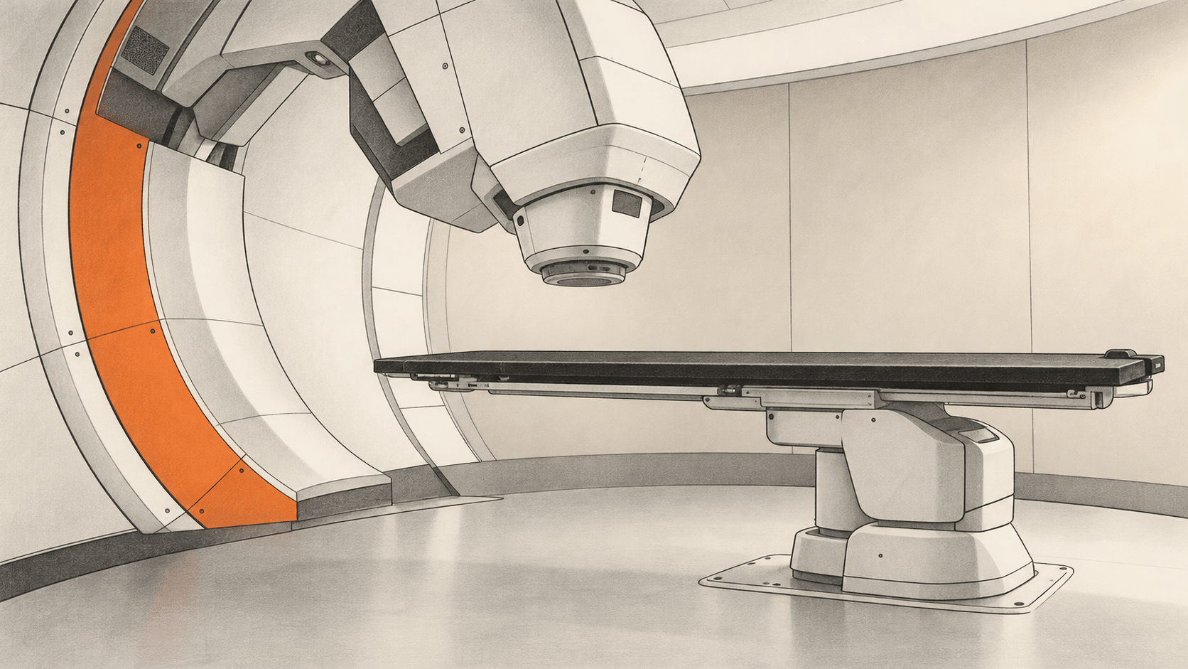 Conceptual charcoal illustration of an empty proton therapy room, with a gantry nozzle above a supported couch.