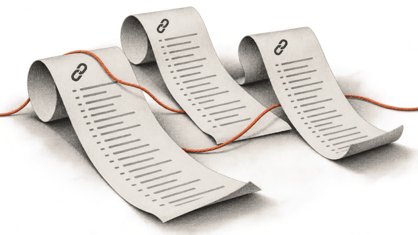 Conceptual charcoal illustration of three curled strips of abstract URL listings linked by a loose orange thread.