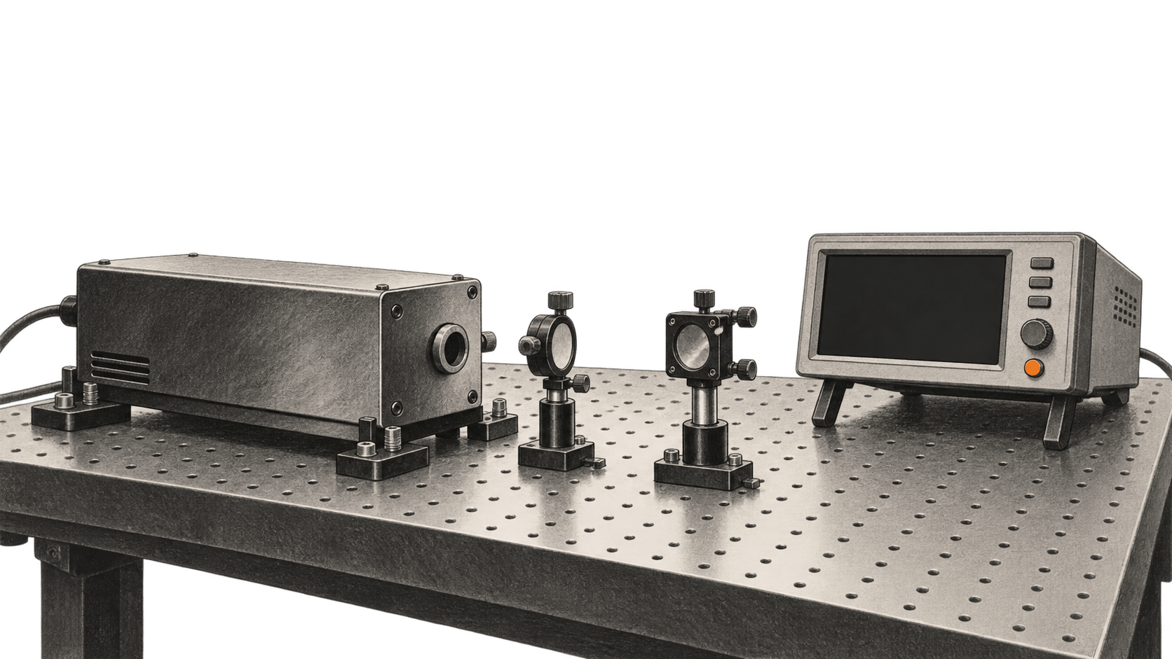 Conceptual charcoal illustration of an unbranded laser head, mounted optics and blank-display instrument on an optical test bench.