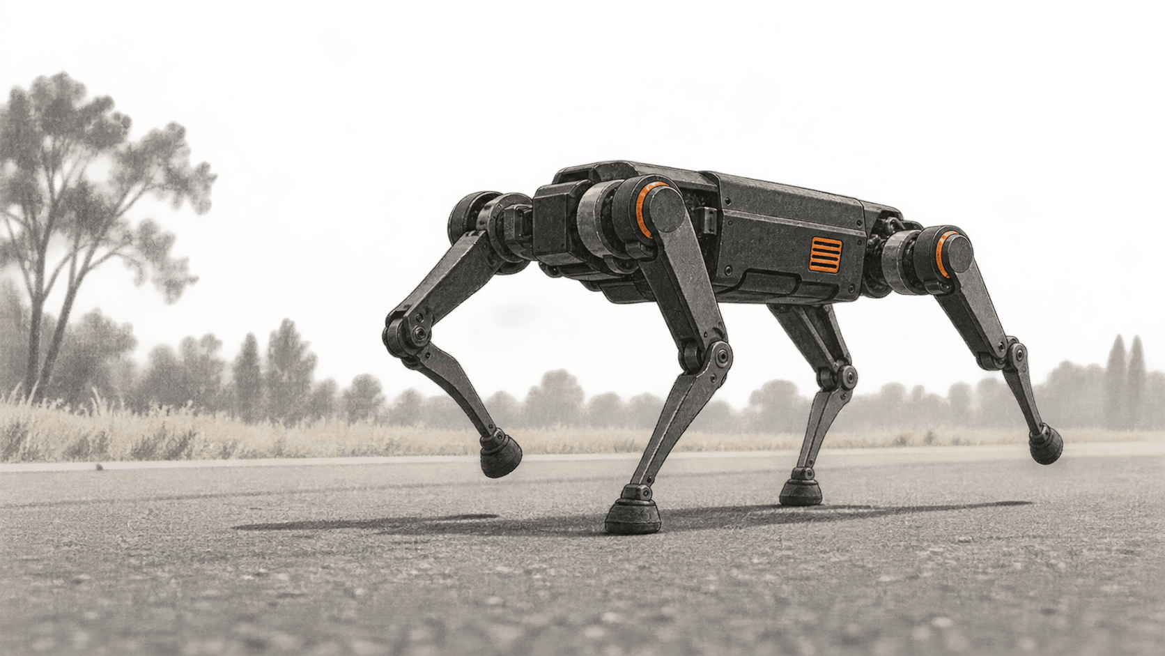 Conceptual charcoal illustration of a compact four-legged robot walking on an unmarked paved path.