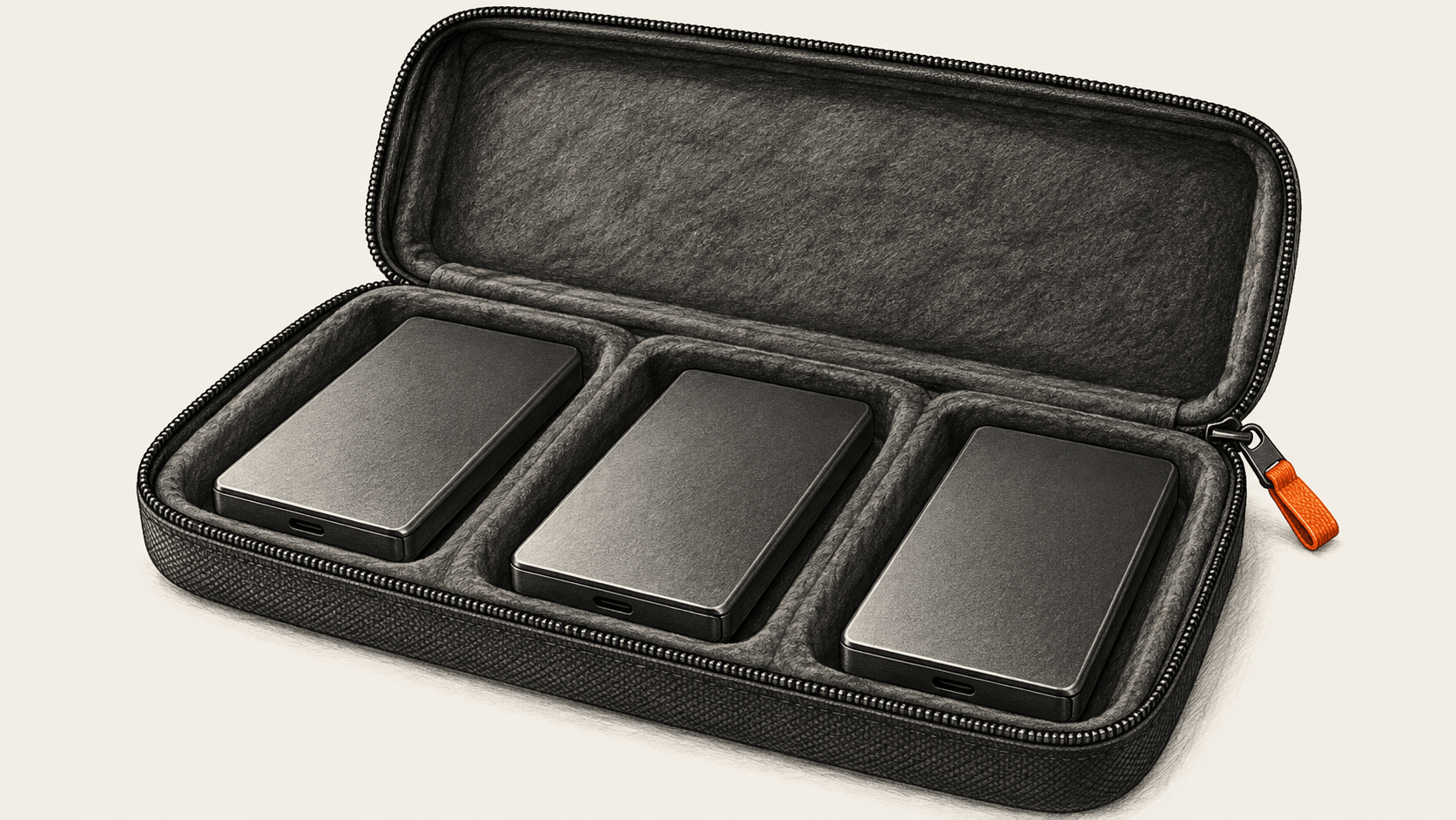 Conceptual charcoal illustration of three separate unmarked portable storage drives in an open padded case, with no screen or person.