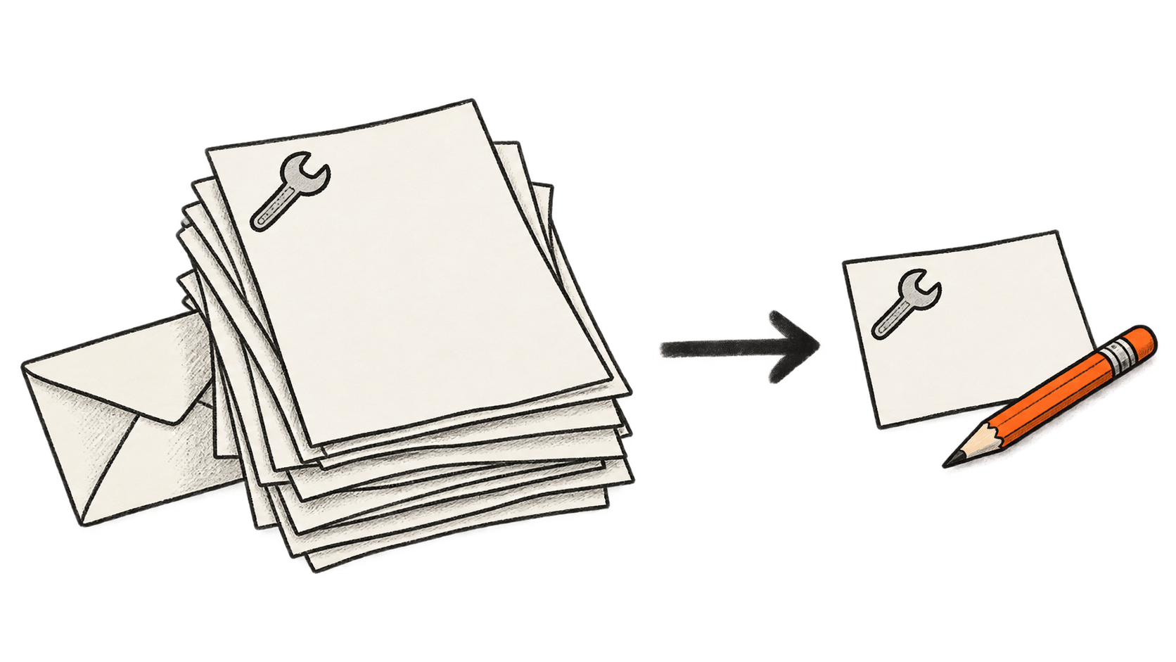 An arrow leads from a pile of repair correspondence to a smaller card with the same wrench symbol and an orange pencil.