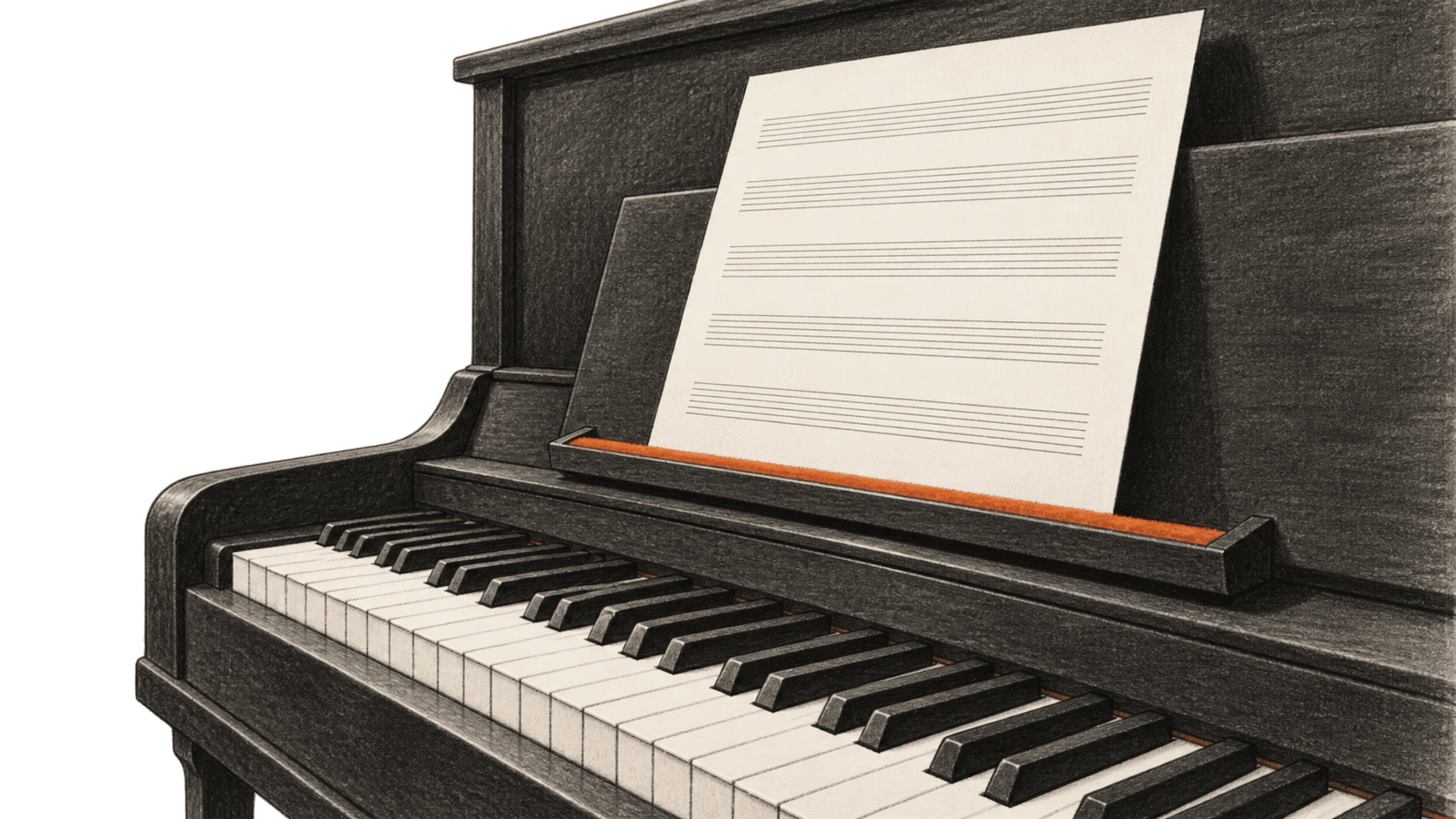 Conceptual charcoal illustration of an upright piano with blank music staves on its rest.