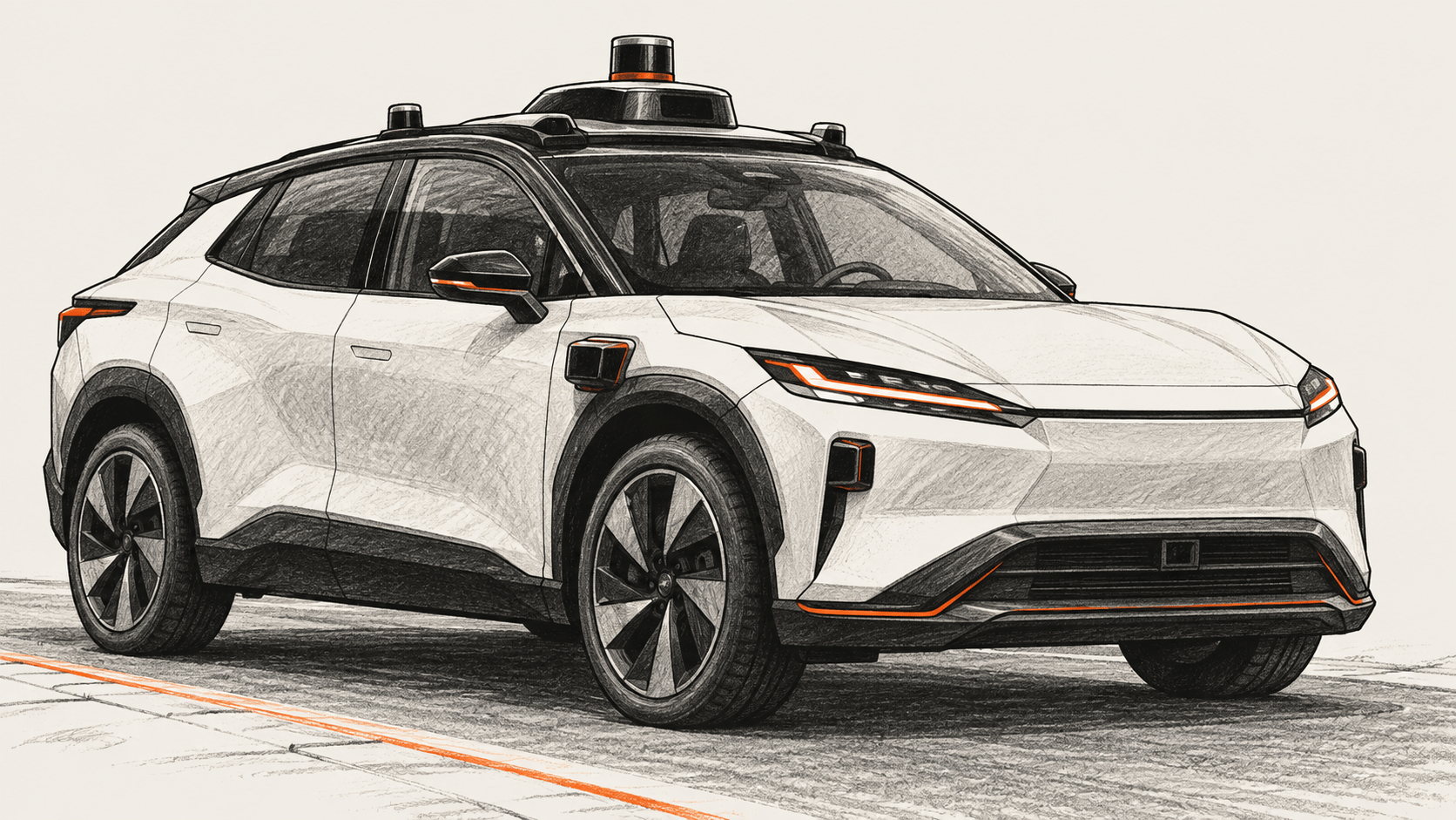 AI-generated conceptual illustration of an autonomous electric crossover with roof sensors.