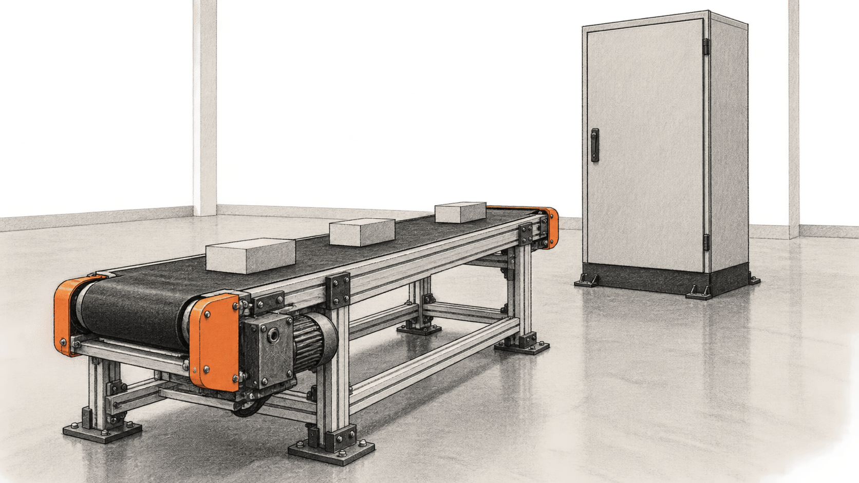 Conceptual charcoal illustration of an unbranded conveyor test rig with three blank workpieces and a separate closed equipment cabinet in an empty engineering lab.