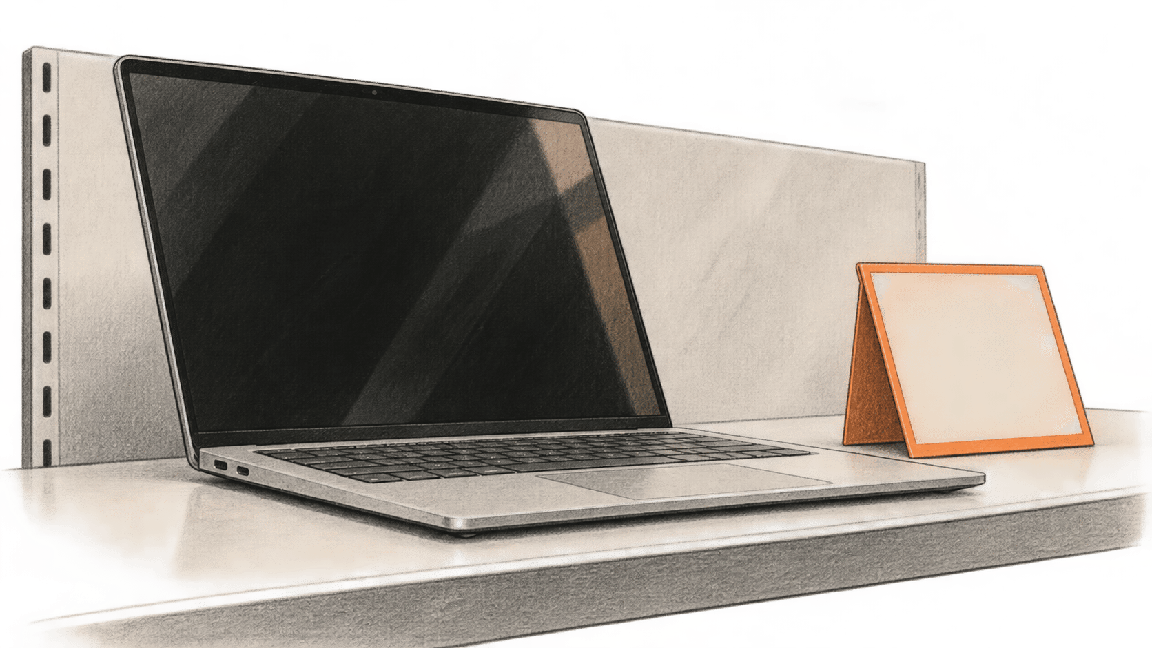 Conceptual charcoal illustration of one unbranded open laptop on a display shelf beside a blank orange-edged information stand.