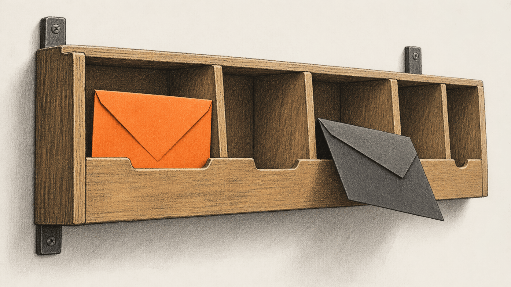Conceptual charcoal illustration of two unmarked envelopes in a wall-mounted office mail sorter, one seated and one partly displaced.